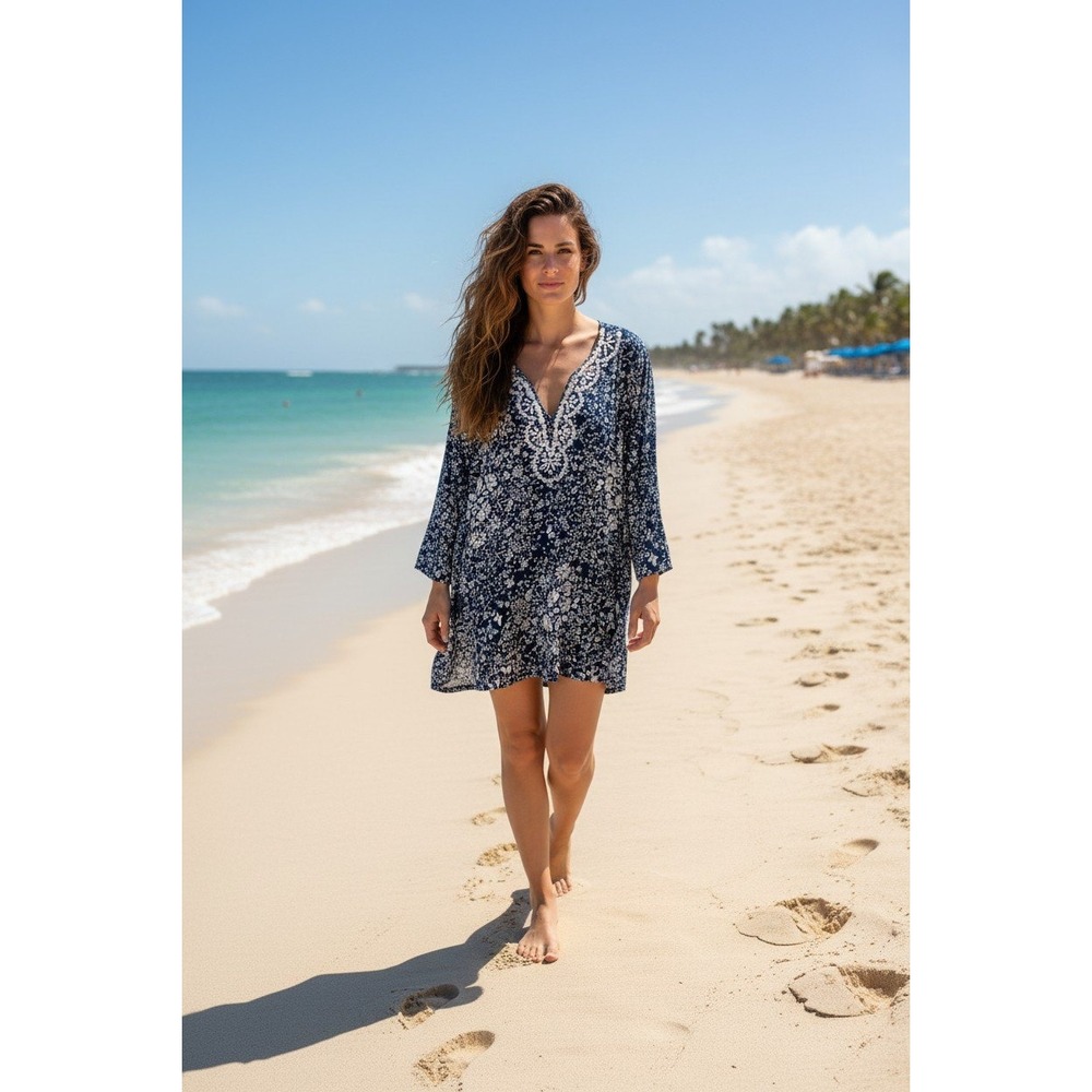 Beach House Womens Navy Blue Floral Beaded V-Neck Cotton Tunic Coverโ Up Medium